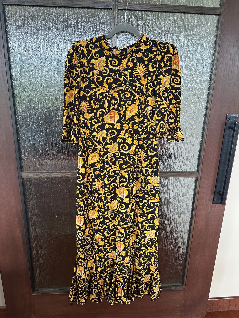 RHODE Felix Dress Black & Gold Floral Midi Dress with Ruffle Hem Sz 10 - Picture 12 of 17
